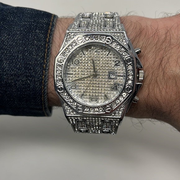 Mens hexagon silver watch cz diamonds stainless steel - Picture 2 of 4